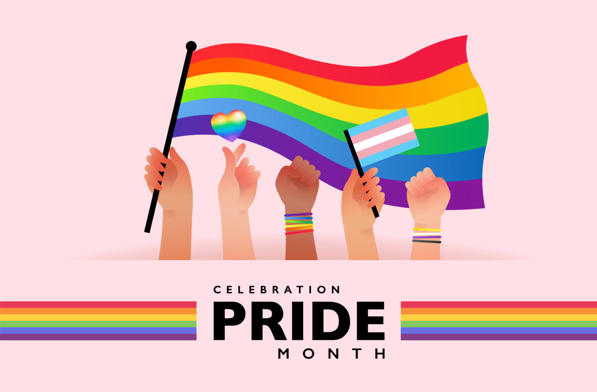 Banner of people hold rainbow flag with sign language hands supporting pride month celebration. Vector illustration